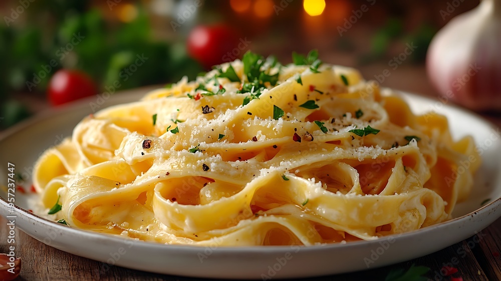 Fettuccine Alfredo with a rich, creamy sauce, garnished with parsley, served on a sleek white plate, with a blurred vase of flowers in the background, warm lighting creating a comforting atmosphere. Fettuccine Alfredo with a rich, creamy sauce, garnished with parsley, served on a sleek white plate, with a blurred vase of flowers in the background, warm lighting creating a comforting atmosphere.