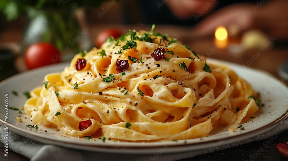 Fettuccine Alfredo with a rich, creamy sauce, garnished with parsley, served on a sleek white plate, with a blurred vase of flowers in the background, warm lighting creating a comforting atmosphere. Fettuccine Alfredo with a rich, creamy sauce, garnished with parsley, served on a sleek white plate, with a blurred vase of flowers in the background, warm lighting creating a comforting atmosphere.
