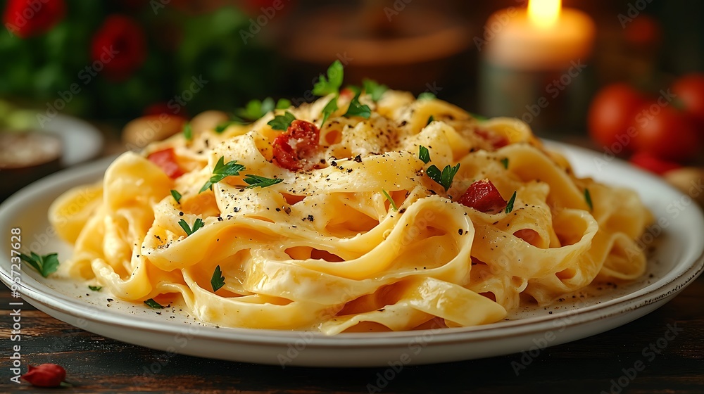 Fettuccine Alfredo with a smooth, creamy sauce, served on a pristine white plate, garnished with parsley, with a blurred vase of flowers softly glowing in the background, Fettuccine Alfredo with a smooth, creamy sauce, served on a pristine white plate, garnished with parsley, with a blurred vase of flowers softly glowing in the background,