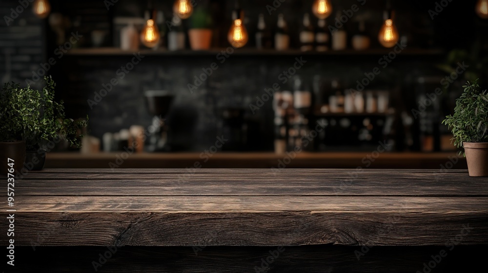 Rustic wooden table in a cozy bar with soft lighting and potted plants, perfect for showcasing products or branding. Rustic wooden table in a cozy bar with soft lighting and potted plants, perfect for showcasing products or branding.