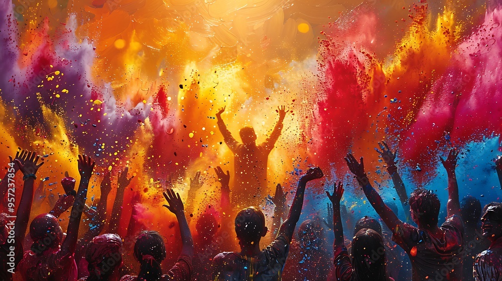 A silhouette of a person dancing with raised arms in a crowd of people covered in colorful powder at a Holi festival. A silhouette of a person dancing with raised arms in a crowd of people covered in colorful powder at a Holi festival.