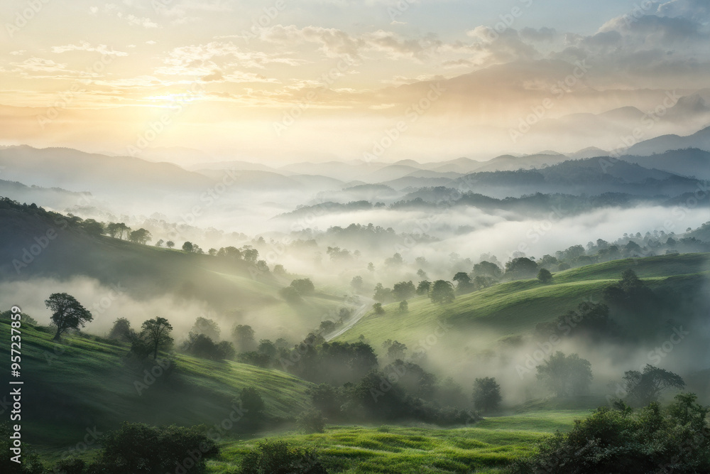 Obraz premium Misty Mountain Morning: foggy morning landscape in the mountains. generative AI