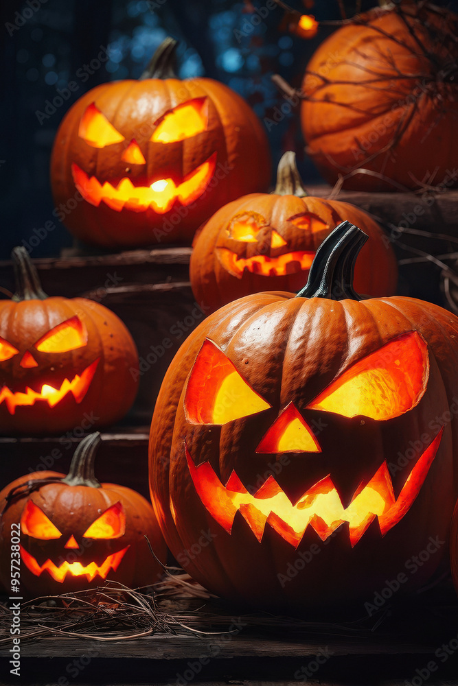 Spooky Season: Closeup of scary halloween pumpkins. generative AI Spooky Season: Closeup of scary halloween pumpkins. generative AI