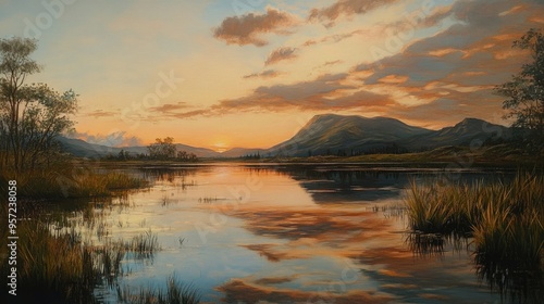 Oil painting depicting a serene natural reserve at sunset featuring reflections of a mountain in flooded waters capturing the beauty of nature