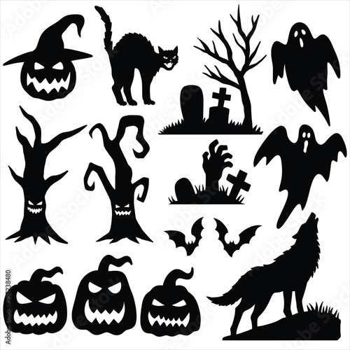 Halloween silhouette. Halloween silhouette collection. Halloween pumpkin, graveyard, bat, witch, ghost, zombie, tomb
