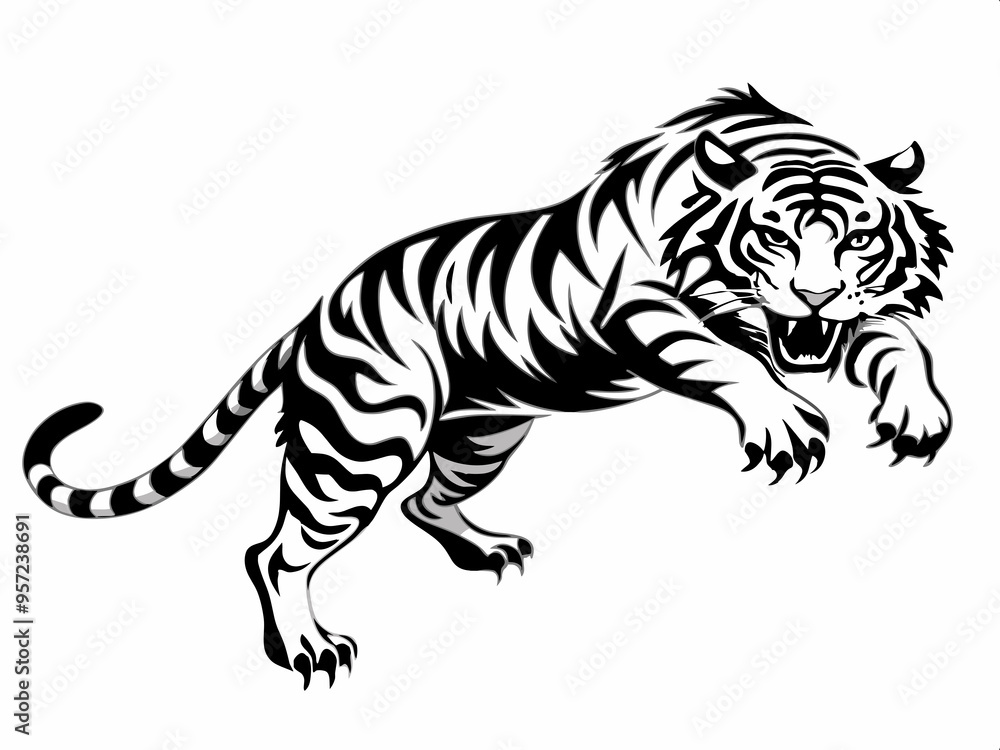Powerful and fierce black and white illustration of a roaring tiger in motion Powerful and fierce black and white illustration of a roaring tiger in motion