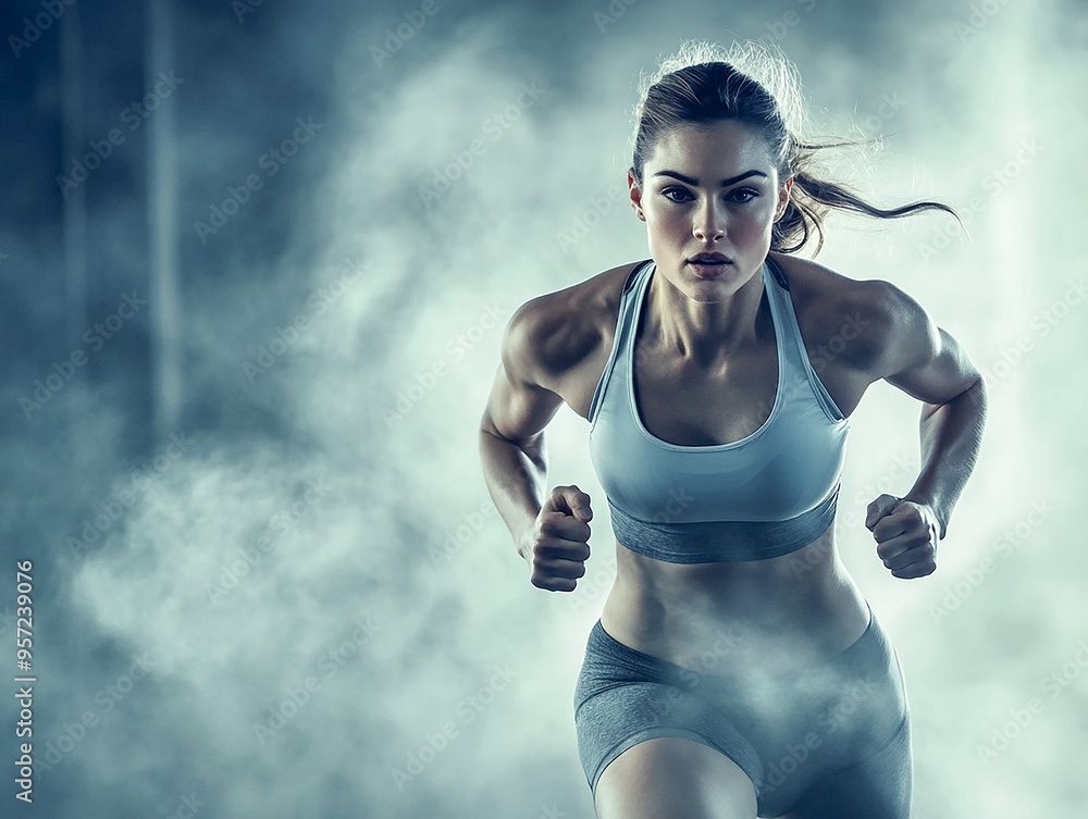 Fototapeta premium Biegnąca piękna młoda wysportowana kobieta w sportowym stroju. Dookoła niej kłęby dymu, pary.