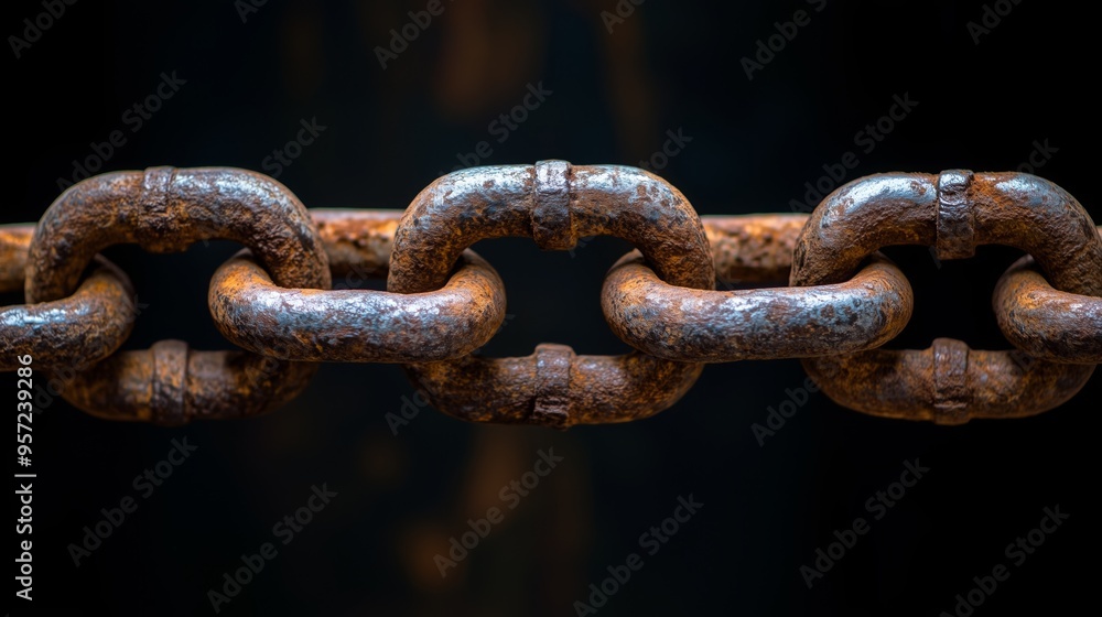 The broken chain shows significant rust, indicating prolonged exposure and wear over time The broken chain shows significant rust, indicating prolonged exposure and wear over time