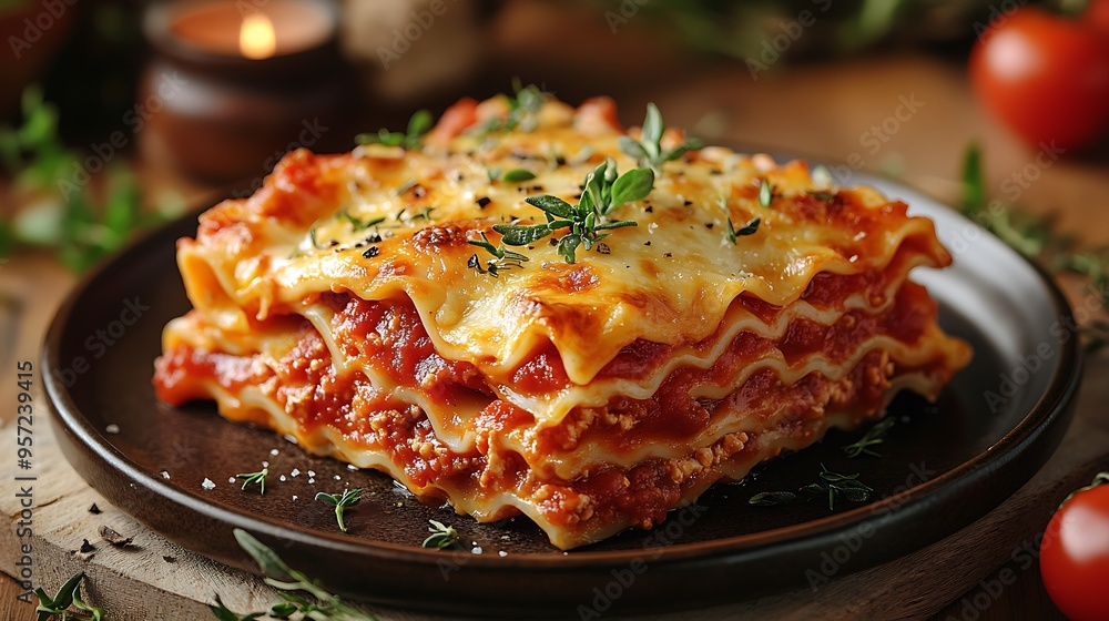 Lasagna with layers of sauce and bubbling cheese, served on a ceramic plate, with a blurred candlelight in the background, the warm glow enhancing the homely and comforting feel of the meal. Lasagna with layers of sauce and bubbling cheese, served on a ceramic plate, with a blurred candlelight in the background, the warm glow enhancing the homely and comforting feel of the meal.
