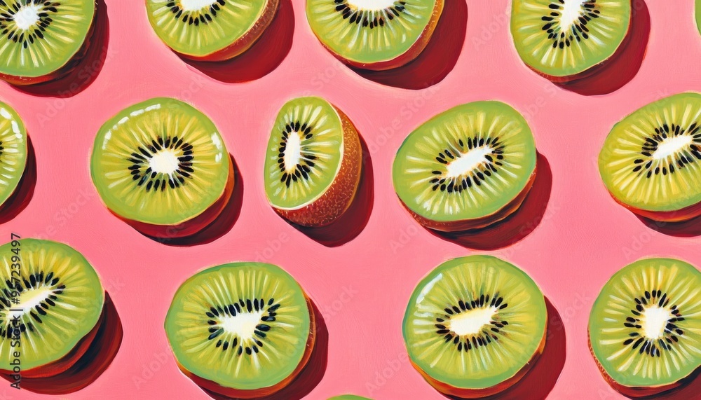 Vibrant oil painting featuring a pattern of fresh kiwi slices against a pink background captured from a top down perspective Vibrant oil painting featuring a pattern of fresh kiwi slices against a pink background captured from a top down perspective