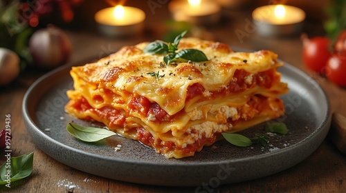 Lasagna with perfectly browned cheese on a ceramic plate, surrounded by a cozy, dimly lit setting, with blurred candlelight softly illuminating the background, creating a warm and homely atmosphere.