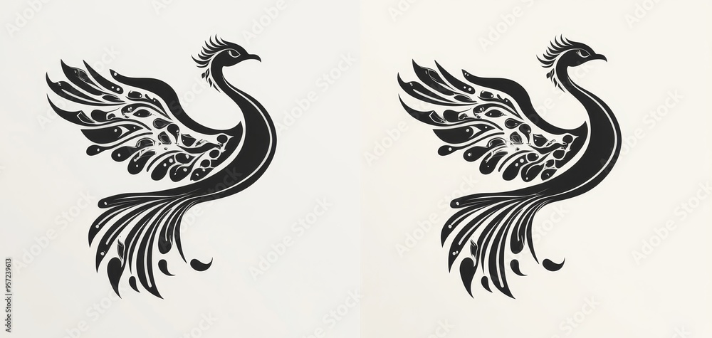 Obraz premium Mirrored Black White Peacock Silhouette Minimalist Design with Intricate Feathers Tribal