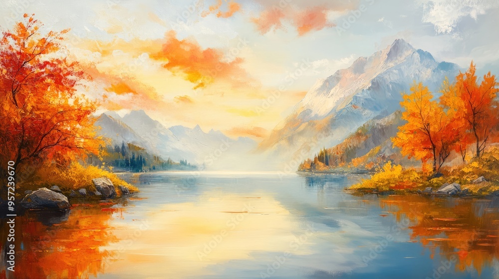 Oil painting depicting a stunning evening panorama of a tranquil lake showcasing a picturesque autumn sunset in the alpine landscape Captivating beauty of nature concept Oil painting depicting a stunning evening panorama of a tranquil lake showcasing a picturesque autumn sunset in the alpine landscape Captivating beauty of nature concept