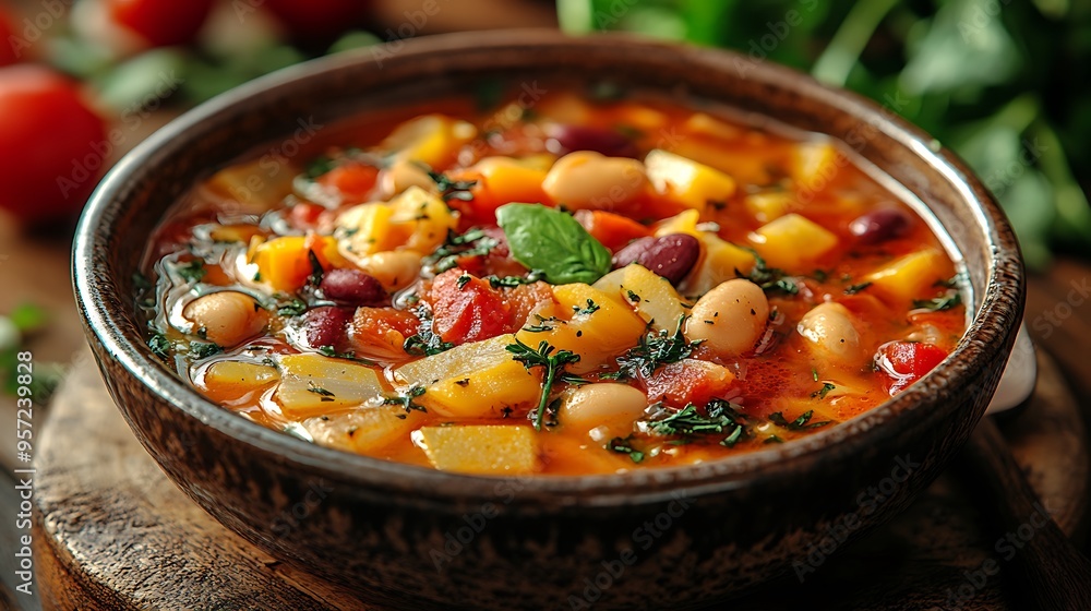 Minestrone Soup with a variety of fresh vegetables and beans, served in a rustic bowl, with a blurred kitchen countertop softly glowing in the background, warm light creating a comforting, Minestrone Soup with a variety of fresh vegetables and beans, served in a rustic bowl, with a blurred kitchen countertop softly glowing in the background, warm light creating a comforting,