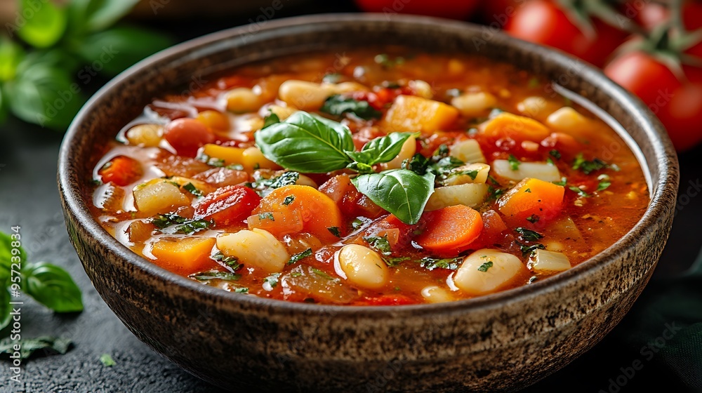 Minestrone Soup with a variety of fresh vegetables and beans, served in a rustic bowl, with a blurred kitchen countertop softly glowing in the background, warm light creating a comforting, Minestrone Soup with a variety of fresh vegetables and beans, served in a rustic bowl, with a blurred kitchen countertop softly glowing in the background, warm light creating a comforting,