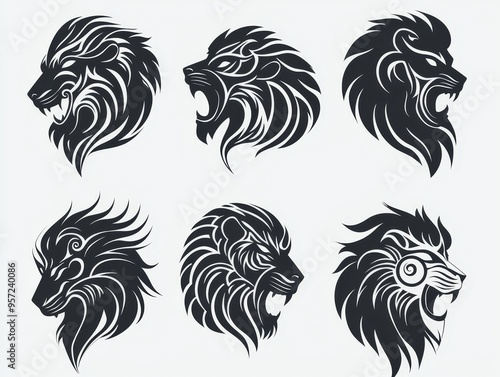 Fierce Tribal Lion Portraits Six Stylized Black and White Lion Heads on White Background Tribal