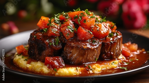 Ossobuco with gremolata and polenta, elegantly presented on a dark wooden table, with a blurred floral centerpiece in the background, warm lighting highlighting the textures and colors of the dish. photo