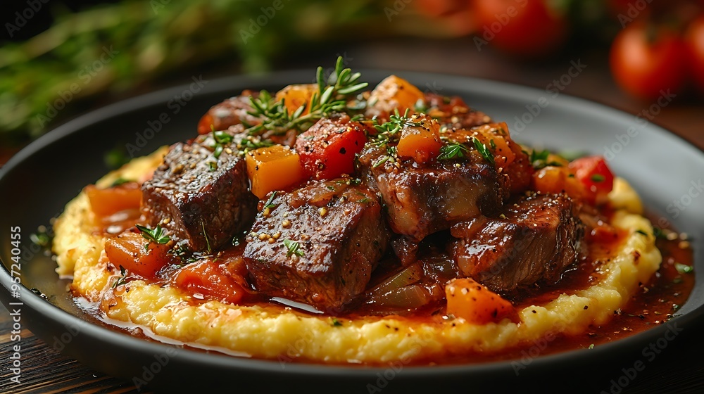 Ossobuco with tender meat and vibrant gremolata, paired with creamy polenta, served on a dark wooden table, with a blurred floral centerpiece and soft ambient light enhancing the scene. Ossobuco with tender meat and vibrant gremolata, paired with creamy polenta, served on a dark wooden table, with a blurred floral centerpiece and soft ambient light enhancing the scene.