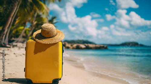 Travel holiday vacation suitcase with straw hat and on the beautiful sand beach. Advertisement travel suitcase