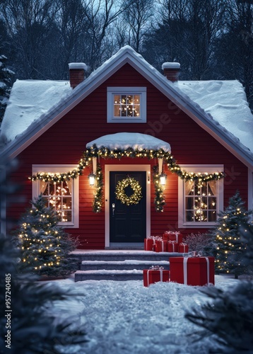 Detailed night view of a red house resembling Santa's workshop.
