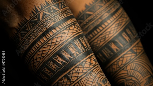 Closeup of intricate black Polynesian tattoo on tanned skin against a dark background Tribal