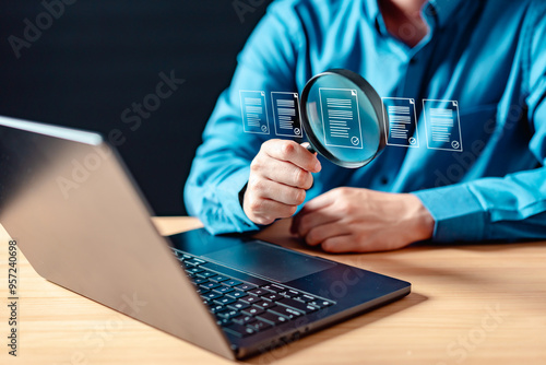 software, secure, code, page, analysis, magnifier, magnifying glass, search, research, find. A man is holding a magnifying glass. The laptop screen shows a document with a magnified view of the text.
