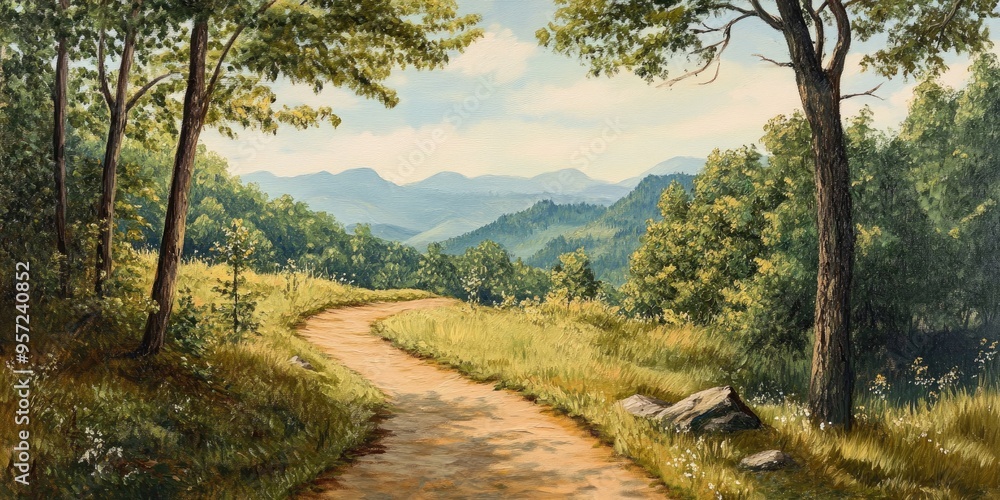 Oil painting depicting a scenic hiking trail surrounded by nature Oil painting depicting a scenic hiking trail surrounded by nature