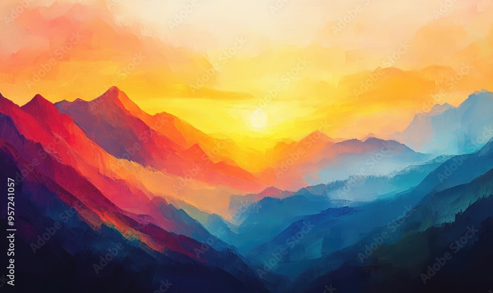 Oil painting depicting a sunset over mountains showcasing vibrant colors and tranquil scenery Oil painting depicting a sunset over mountains showcasing vibrant colors and tranquil scenery