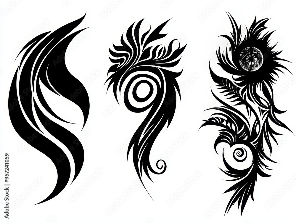 Three Black Tribal Swirls on White Intricate Abstract Shapes with Intriguing Details Tribal Three Black Tribal Swirls on White Intricate Abstract Shapes with Intriguing Details Tribal