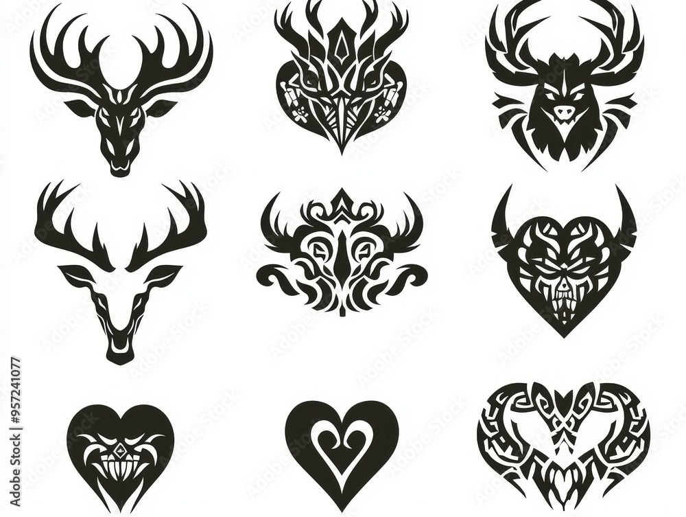 Tribal Deer and Hearts Black Ink Silhouettes with Intricate Detail on White Background Tribal