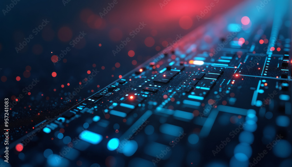A circuit board illuminated by scattered red and blue lights, with various electronic components arranged in a grid-like pattern. futuristic and technological atmosphere. A circuit board illuminated by scattered red and blue lights, with various electronic components arranged in a grid-like pattern. futuristic and technological atmosphere.