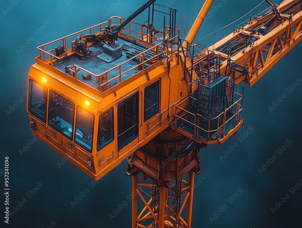 Fototapeta premium Construction crane operates above a bustling cityscape during twilight