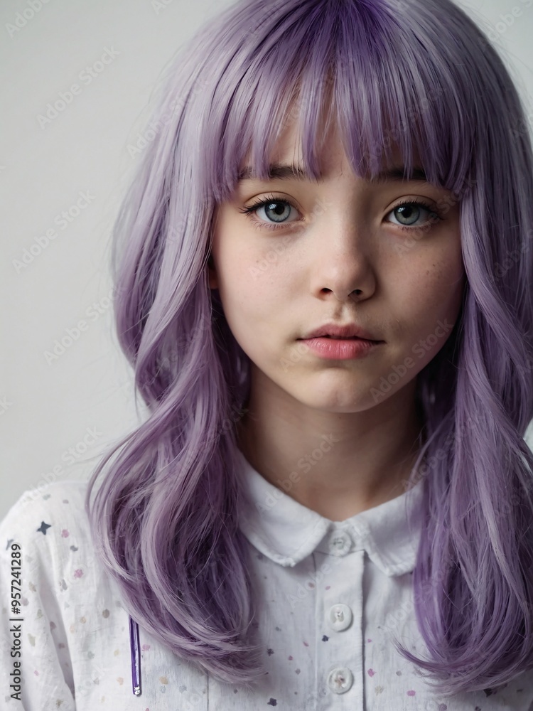 Shy young girl with purple hair, looking cute against a plain white background in anime cartoon style. Shy young girl with purple hair, looking cute against a plain white background in anime cartoon style.