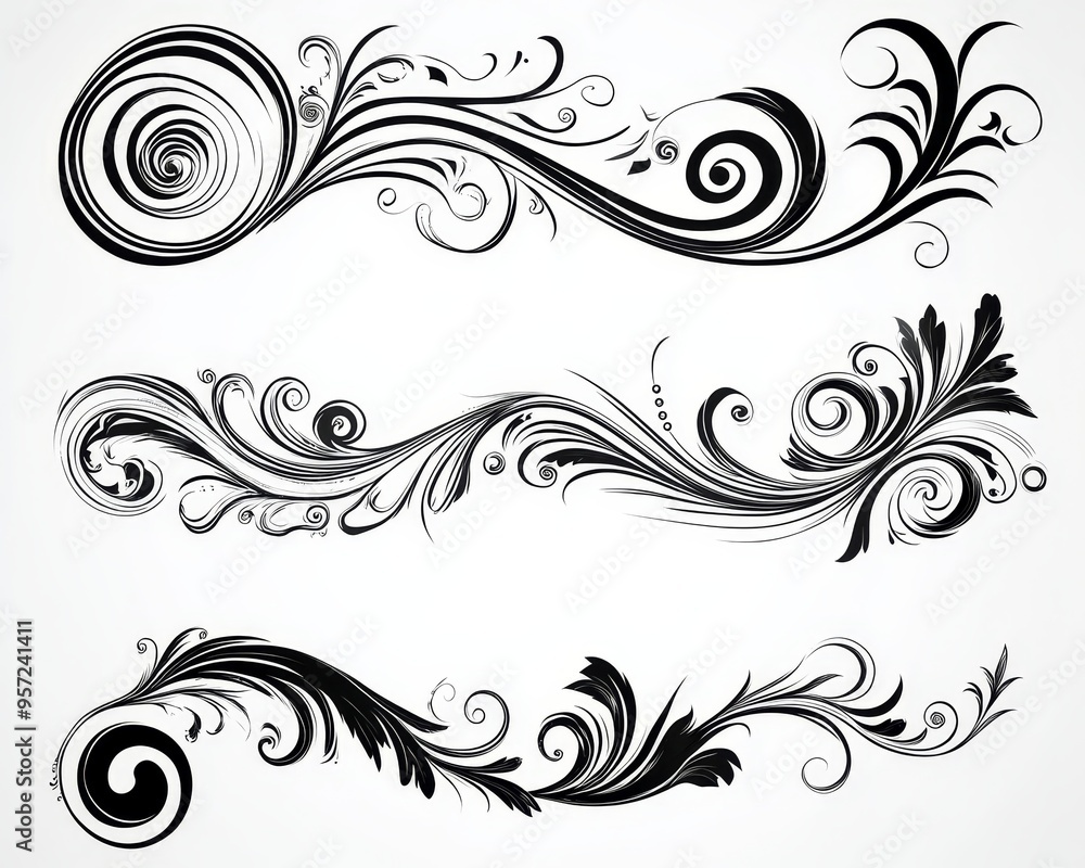 Swirling Floral Flourishes Black Ink White Background Intricate Design Elegant Concept Tribal Swirling Floral Flourishes Black Ink White Background Intricate Design Elegant Concept Tribal