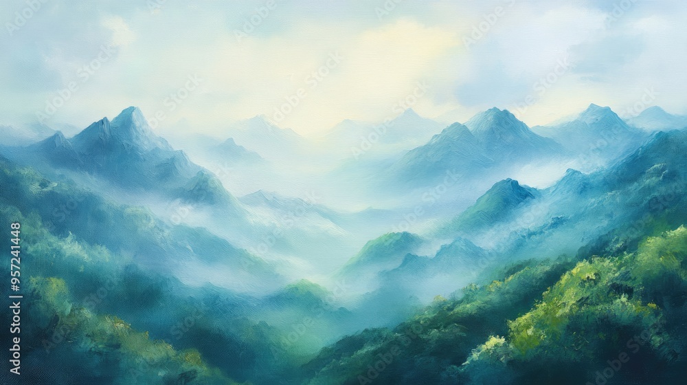 Oil painting of misty mountains in the morning showcases stunning natural scenery A refreshing and serene nature image perfect for travel and tourism themes Oil painting of misty mountains in the morning showcases stunning natural scenery A refreshing and serene nature image perfect for travel and tourism themes