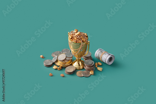 Pile of coins and gold scattered around champion cup photo