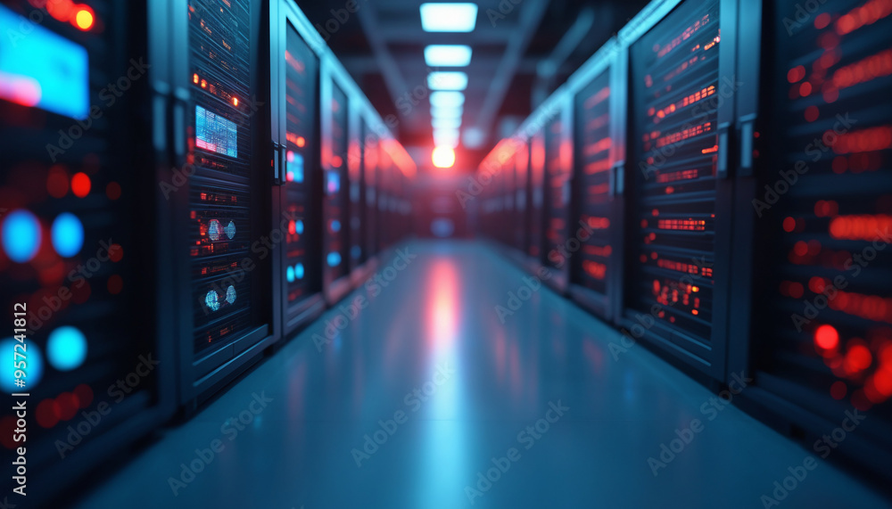 Server room with rows of servers illuminated by red and blue lights. The dark and mysterious ambiance is enhanced by the blurred background, adding depth to the technological scene. Server room with rows of servers illuminated by red and blue lights. The dark and mysterious ambiance is enhanced by the blurred background, adding depth to the technological scene.
