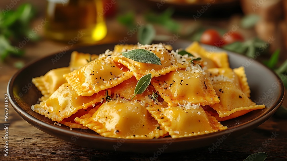 Ravioli with sage butter sauce and Parmesan, served on a rustic ceramic plate, with a blurred olive oil bottle in the background, soft lighting enhancing the rich, comforting ambiance of the scene. Ravioli with sage butter sauce and Parmesan, served on a rustic ceramic plate, with a blurred olive oil bottle in the background, soft lighting enhancing the rich, comforting ambiance of the scene.