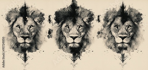 Three Lions Gaze InkStained Portraits of Regal Majesty Tribal photo