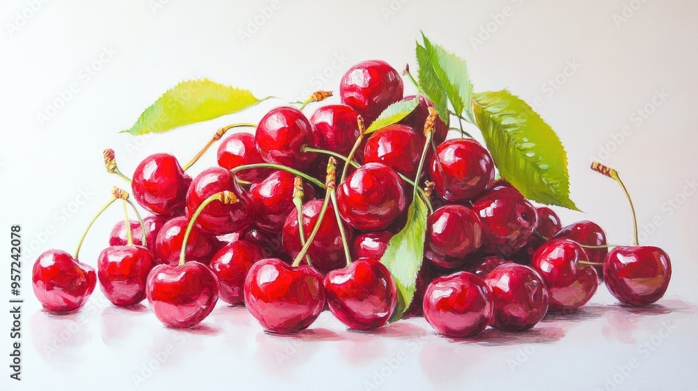 Oil painting depicting cherries on a white background showcasing a vibrant fruit arrangement Oil painting depicting cherries on a white background showcasing a vibrant fruit arrangement