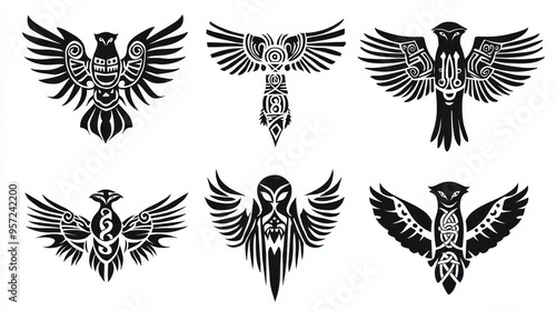 Black White Tribal Birds A collection of six stylized birds with intricately detailed wings and bodies isolated on white background Tribal photo