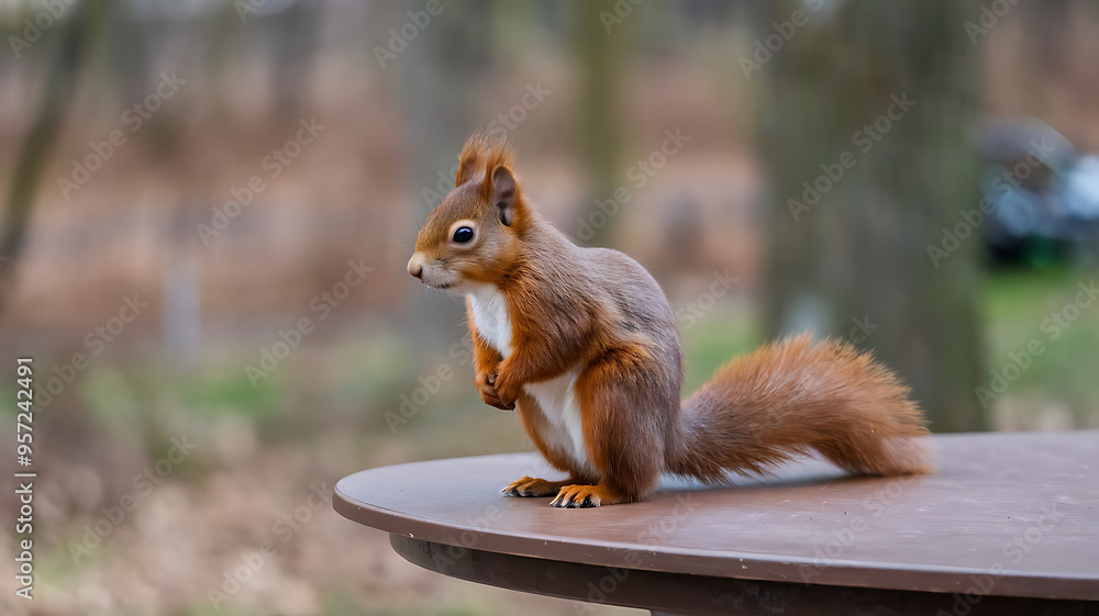 Red Squirrel on Brown Table Top Red Squirrel on Brown Table Top