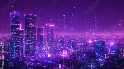 Abstract glowing purple night city wallpaper with digital data lines all over. Smart city, VR, AI and innovation concept. Double exposure