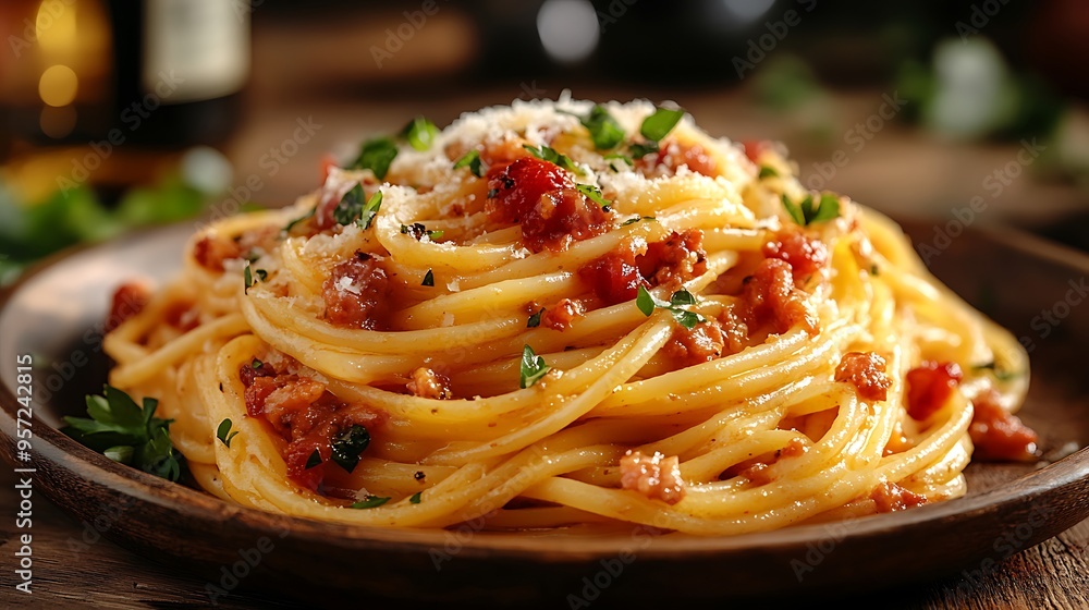 Spaghetti Carbonara on a rustic wooden table, highlighted by golden afternoon light, Parmesan cheese melting slightly, with a blurred wine bottle and glass in the background, creating a warm, Spaghetti Carbonara on a rustic wooden table, highlighted by golden afternoon light, Parmesan cheese melting slightly, with a blurred wine bottle and glass in the background, creating a warm,