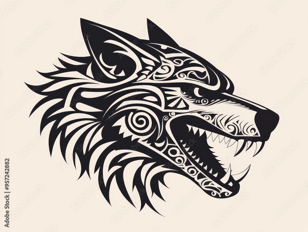 Obraz premium Tribal Wolf Side Profile Intricate Black Design Ferocious Snarl Minimalist Background Tribal