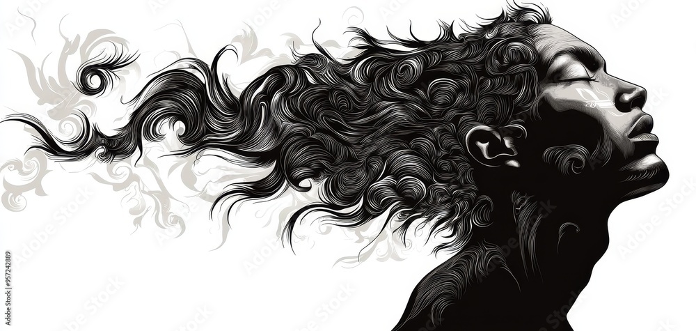 Silhouetted Profile with Swirling Hair and Intricate Details A Monochromatic Study of Grace and Elegance Tribal Silhouetted Profile with Swirling Hair and Intricate Details A Monochromatic Study of Grace and Elegance Tribal