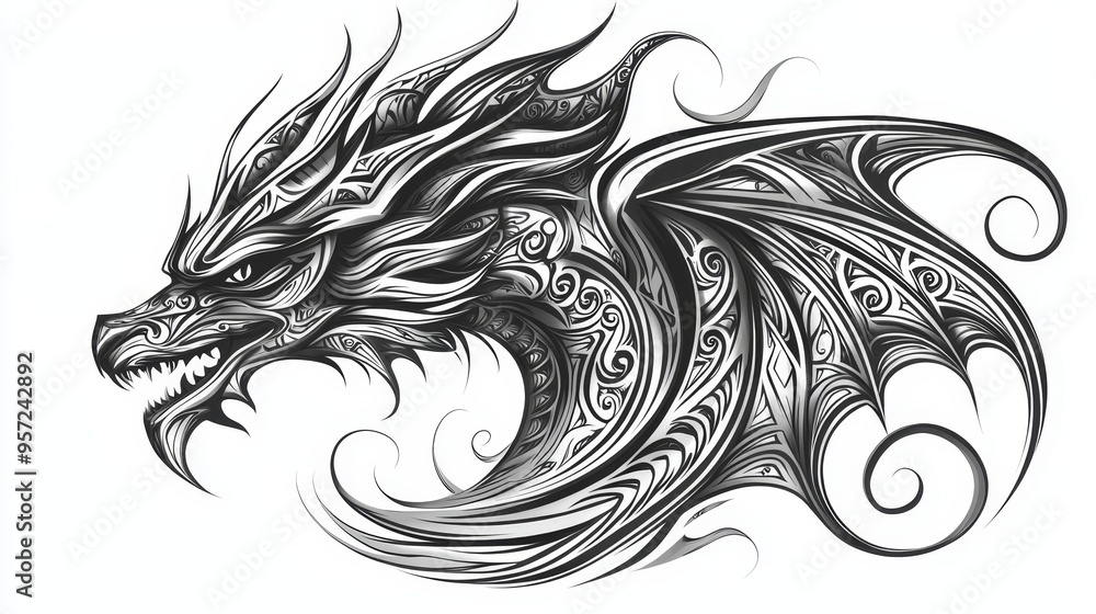 Dragons Fury Intricate Black White Profile with Swirling Pattern Glowing Eye Tribal Dragons Fury Intricate Black White Profile with Swirling Pattern Glowing Eye Tribal