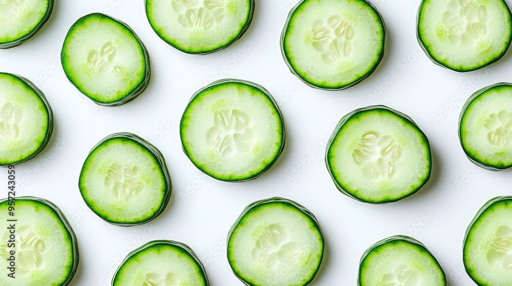 Fresh cucumber slices on a white background pattern Fresh cucumber slices on a white background pattern