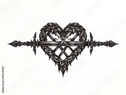 Heart of Thorns Intricate blackandwhite illustration of a heart pierced by a sword stylized with a woven pattern and dramatic perspective Tribal photo