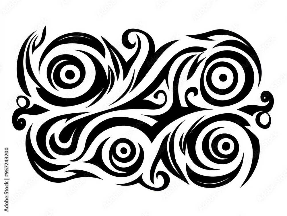 Fototapeta premium Abstract Black and White Swirling Tattoo Design with Four Concentric Circles and Floral Patterns Tribal
